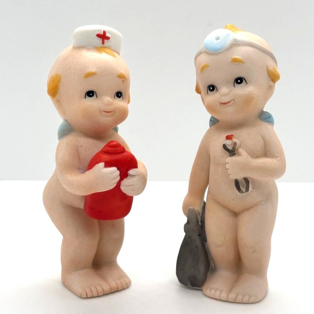 VTG 1970's Lefton Kewpie Doll Bisque Figurines, Doctor & Nurse Angels, 2.75"